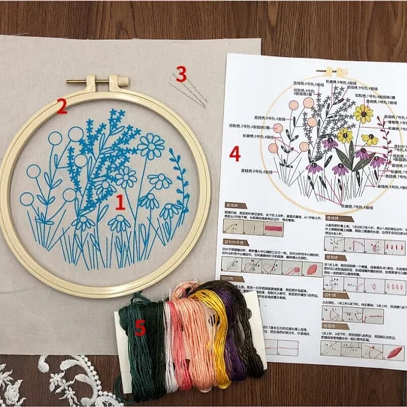 Floral embroidery kit for creative hobbies