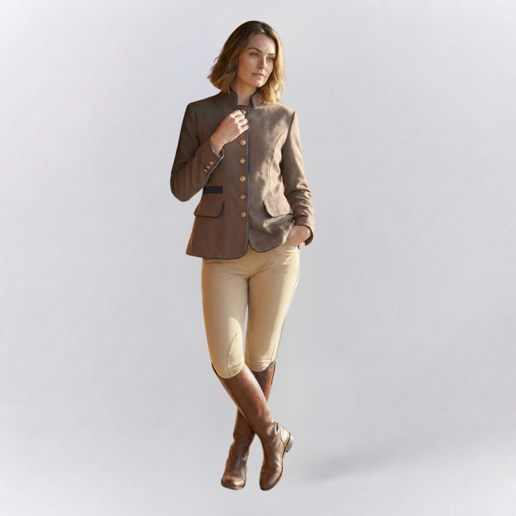 Tailored Blazer with Stand-Up Collar and Contrasting Trim