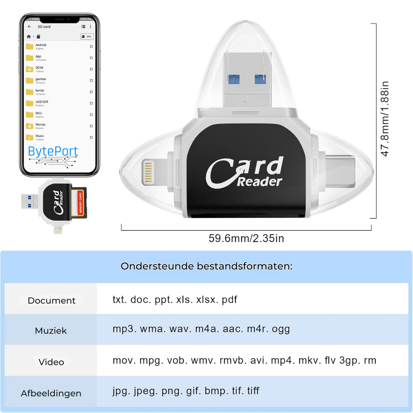 BytePort 4-in-1 SD card reader - USB-C & USB 3.0