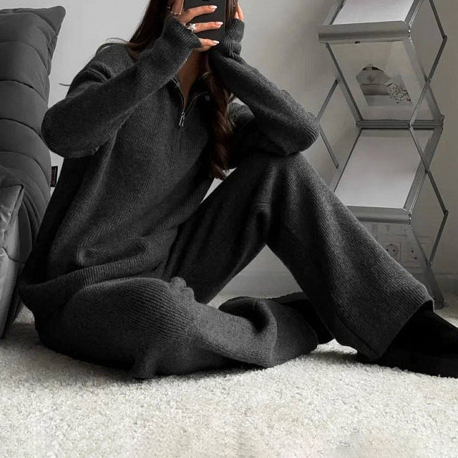 Alessandra Relaxed Fit Half-Zip Sweater Two-Piece Set | Collared Ribbed Knit Pants