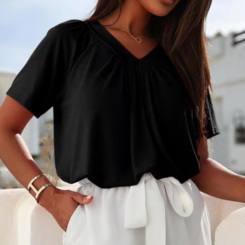 Iris Pilotti™ Women's Casual Pleated Top with Short Sleeves and V-neckline