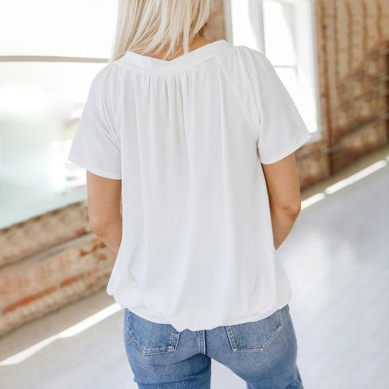 Iris Pilotti™ Women's Casual Pleated Top with Short Sleeves and V-neckline