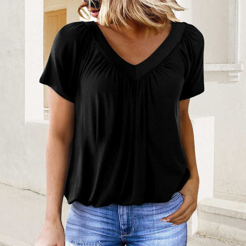 Iris Pilotti™ Women's Casual Pleated Top with Short Sleeves and V-neckline