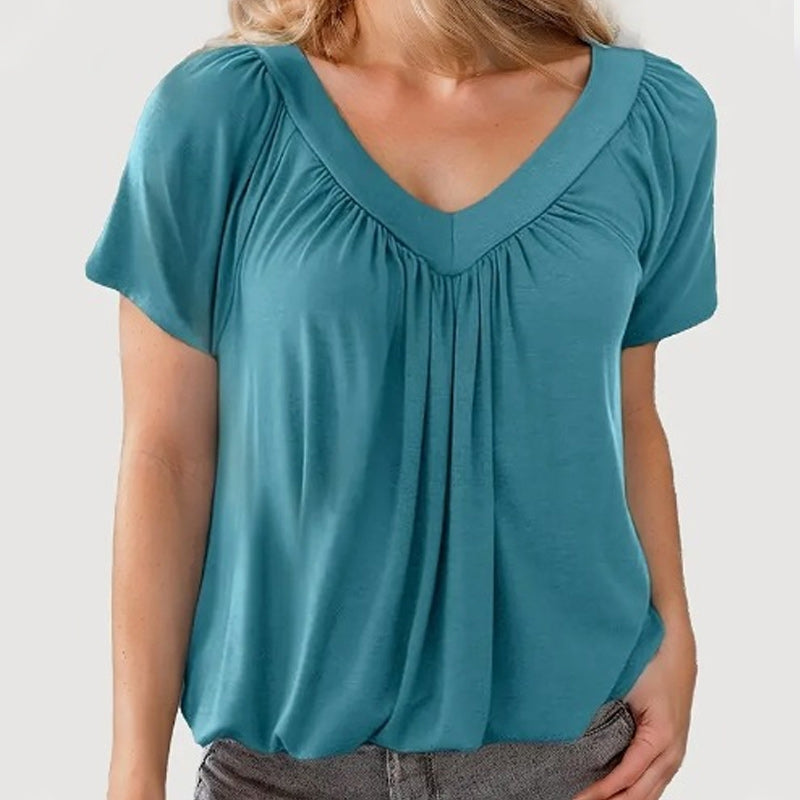 Iris Pilotti™ Women's Casual Pleated Top with Short Sleeves and V-neckline