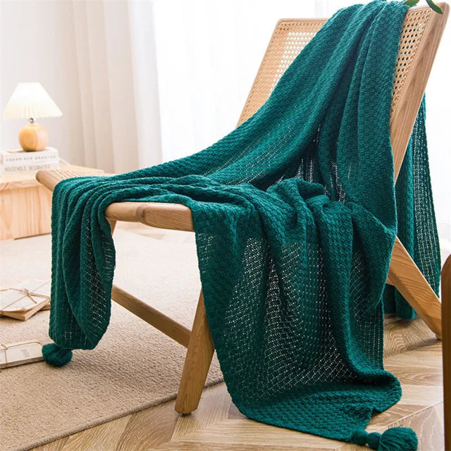 Scandinavian Bamboo Knit Throw Blanket With Tasseled Edges