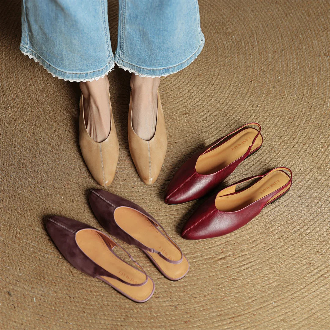 Viola Pointed Toe Slingback Flats | Solid V-Cut Vamp Flats