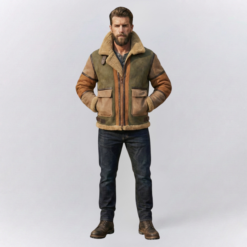 Oliver Relaxed Fit Shearling Jacket | Color Block Zip Front Jacket