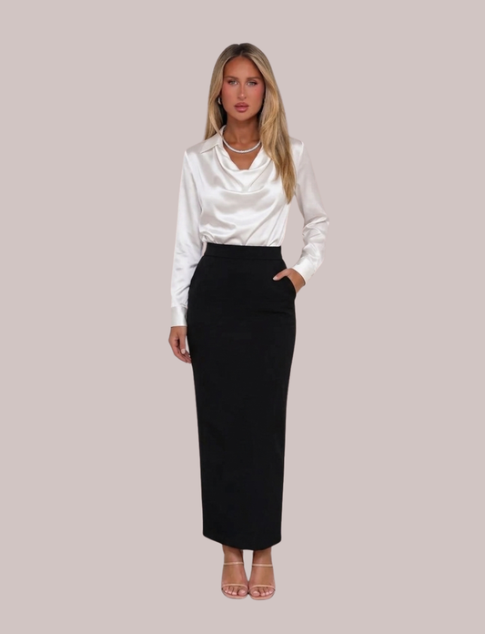 Rose Draped Neck Satin Blouse | Long Sleeve Elegant