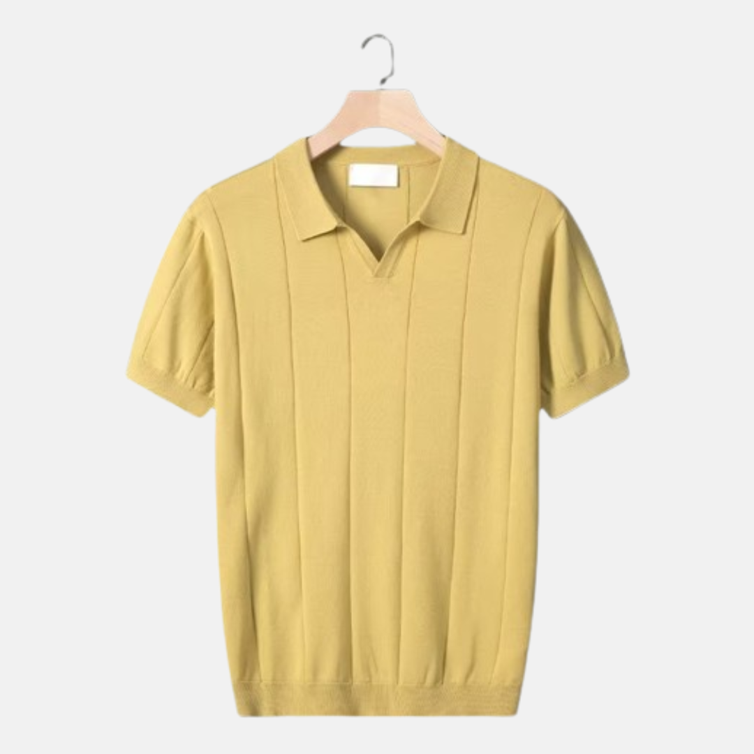 William Ribbed V-Neck Knit Polo | Collared Short Sleeve Polo