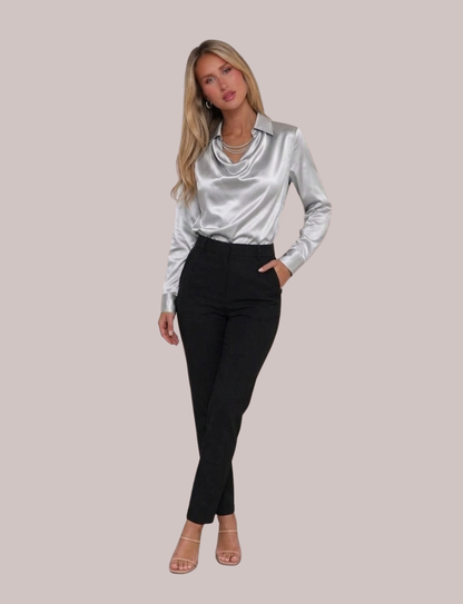 Rose Draped Neck Satin Blouse | Long Sleeve Elegant