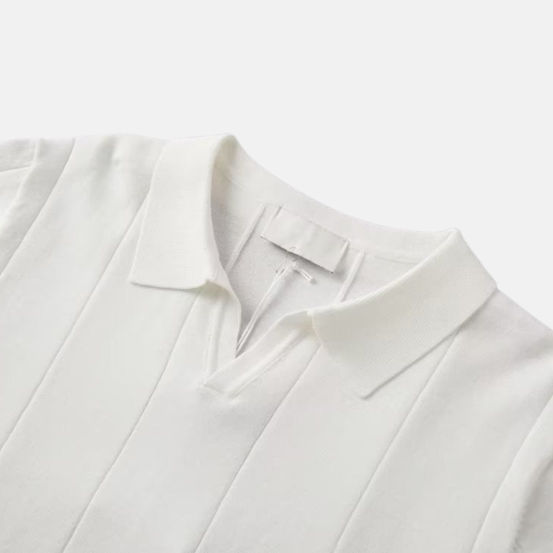 William Ribbed V-Neck Knit Polo | Collared Short Sleeve Polo