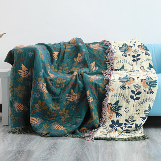 Eclectic Cotton Throw Blanket with Reversible Bird Pattern