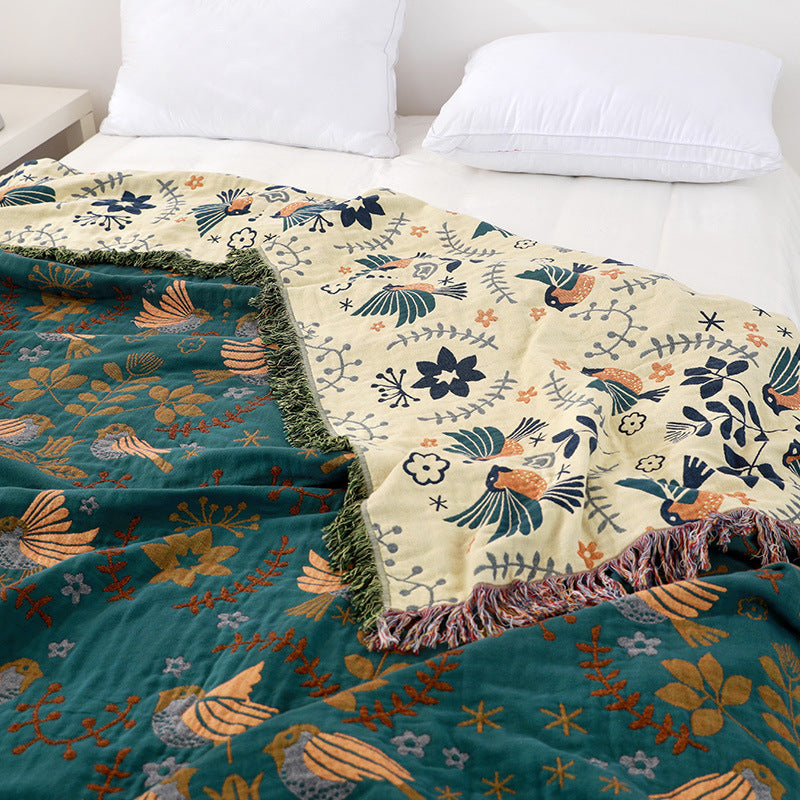 Eclectic Cotton Throw Blanket with Reversible Bird Pattern