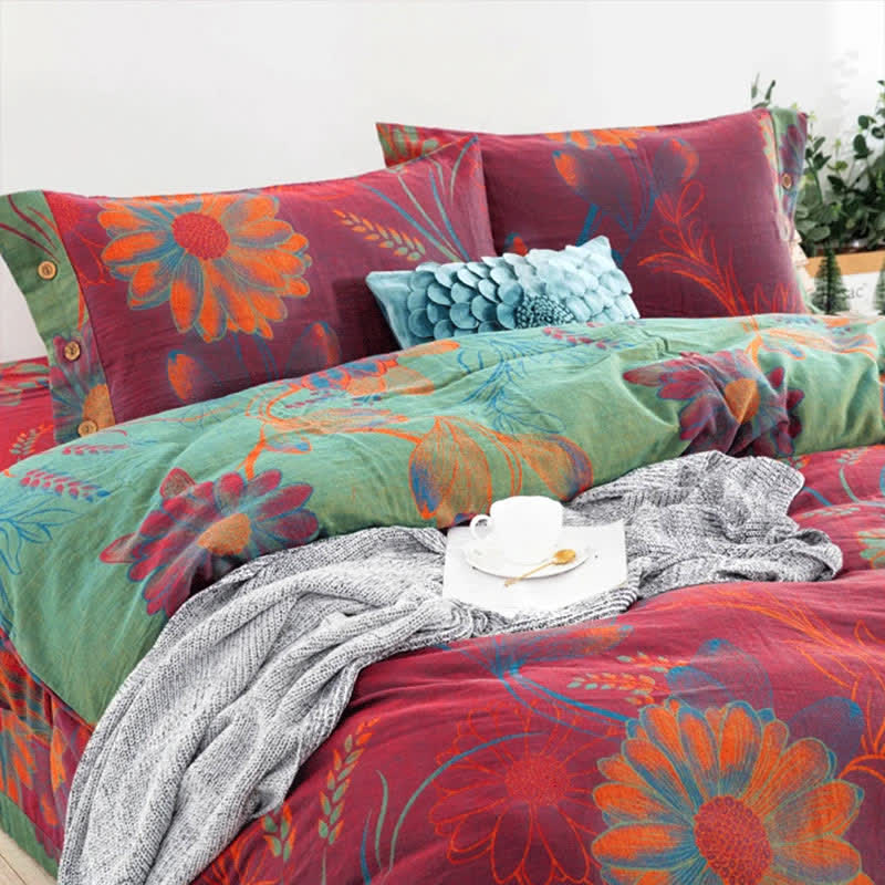 Bohemian Cotton Duvet Cover Set With Floral Print