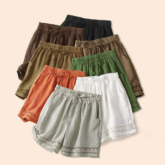 Relaxed Drawstring Shorts with Elegant Lace-Trimmed Hem