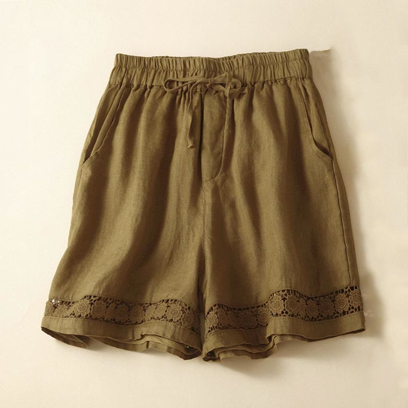 Relaxed Drawstring Shorts with Elegant Lace-Trimmed Hem