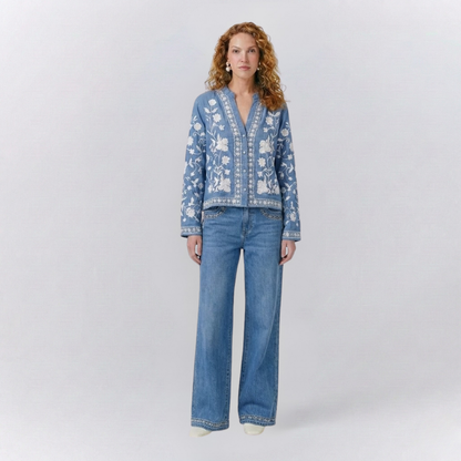 Isabella Embroidered Relaxed Fit Jacket | Casual Floral Button Front Jacket