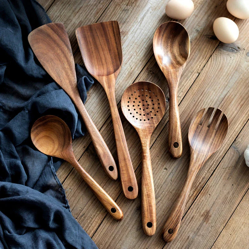 Rustic Wooden Kitchen Utensil Set with Holder