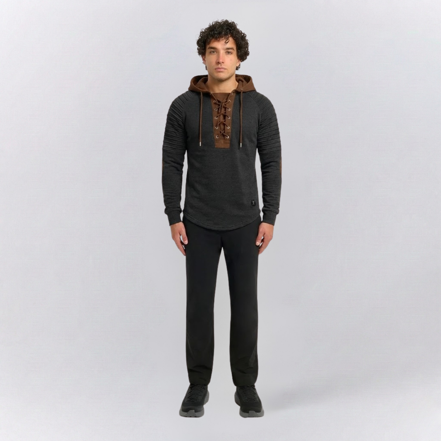 Arthur Slim Fit Hoodie | Hooded Lace-Up Neck Ribbed Hip-Length Hoodie