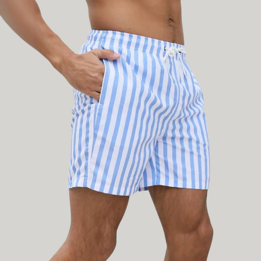 Jean-Paul Elevated Vertical Stripe Mid-Thigh Relaxed Swimwear Shorts