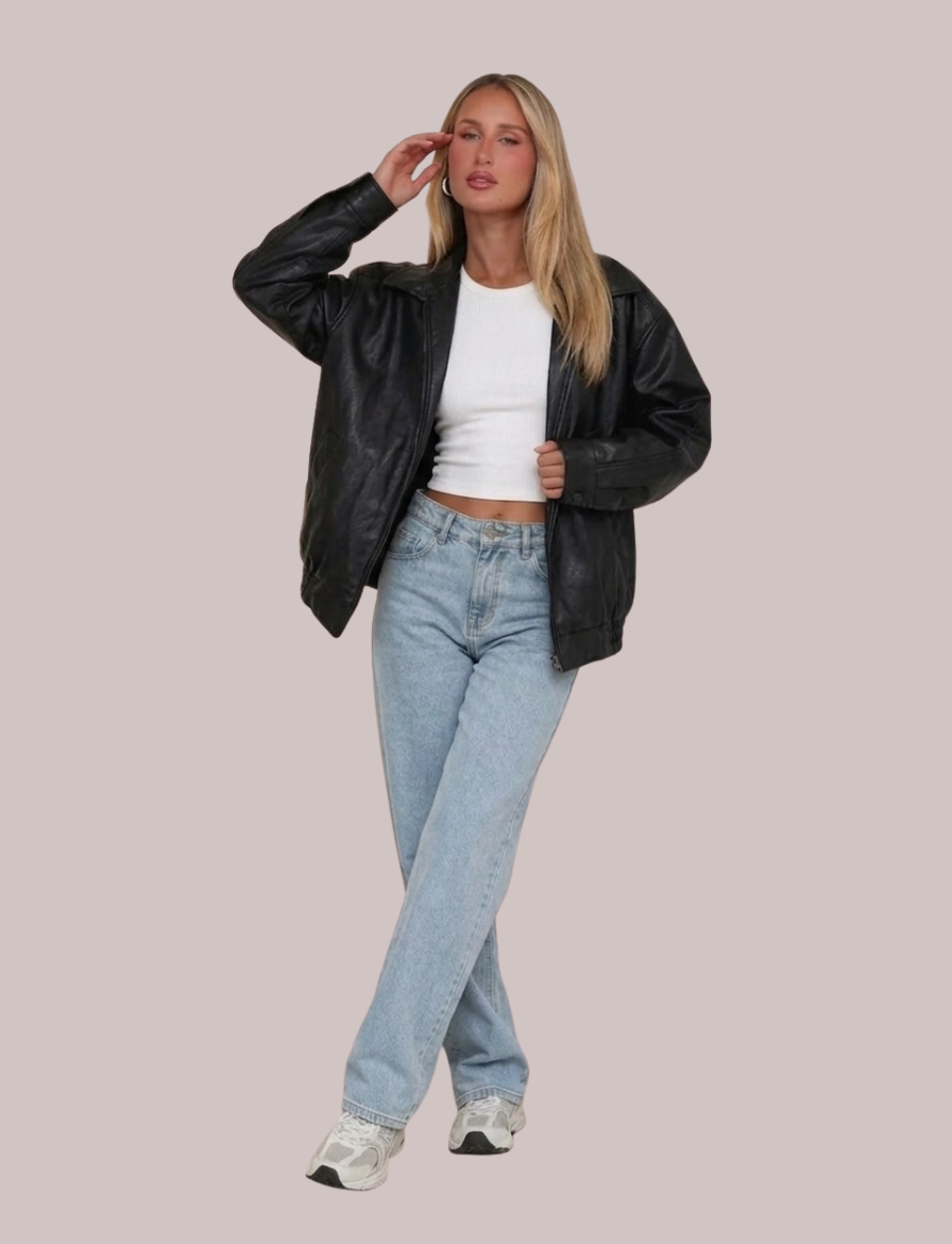 Ruby Oversized Bomber Jacket | Leather Zip Pocket