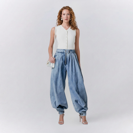 Isla High-Waist Balloon Relaxed Jeans | Pleated Solid Cuffed Jeans