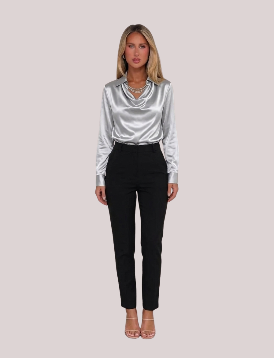 Rose Draped Neck Satin Blouse | Long Sleeve Elegant
