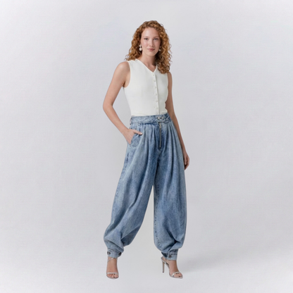 Isla High-Waist Balloon Relaxed Jeans | Pleated Solid Cuffed Jeans