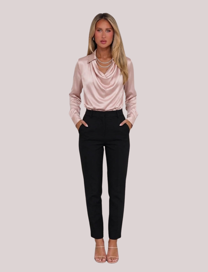 Rose Draped Neck Satin Blouse | Long Sleeve Elegant