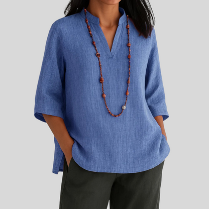 Relaxed Fit Blouse with Mandarin Collar and Curved Hem