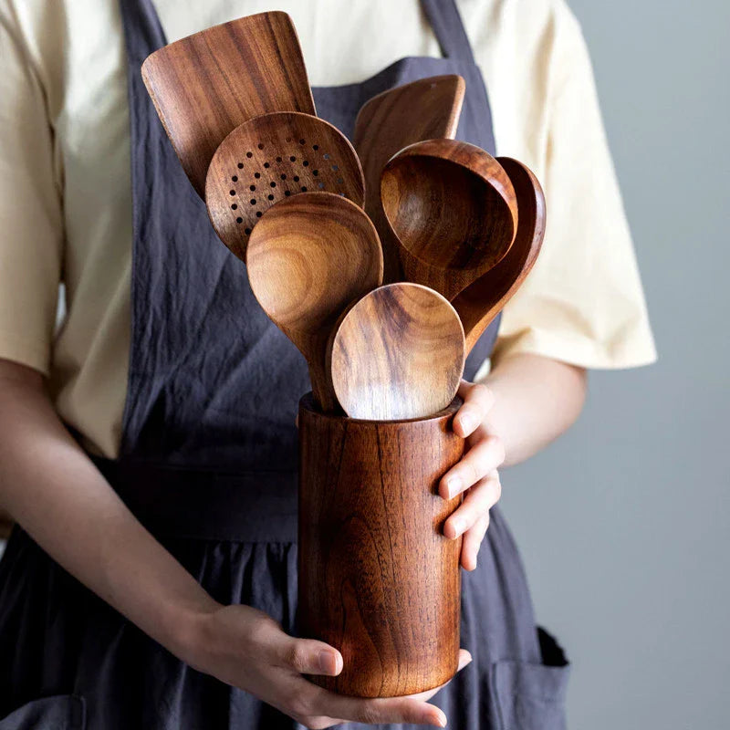 Rustic Wooden Kitchen Utensil Set with Holder