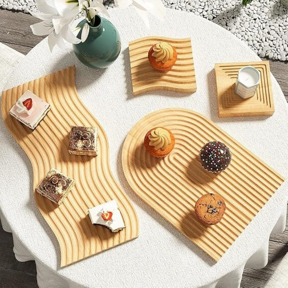 Nordic Wooden Ripple Serving Tray With Curved Edges
