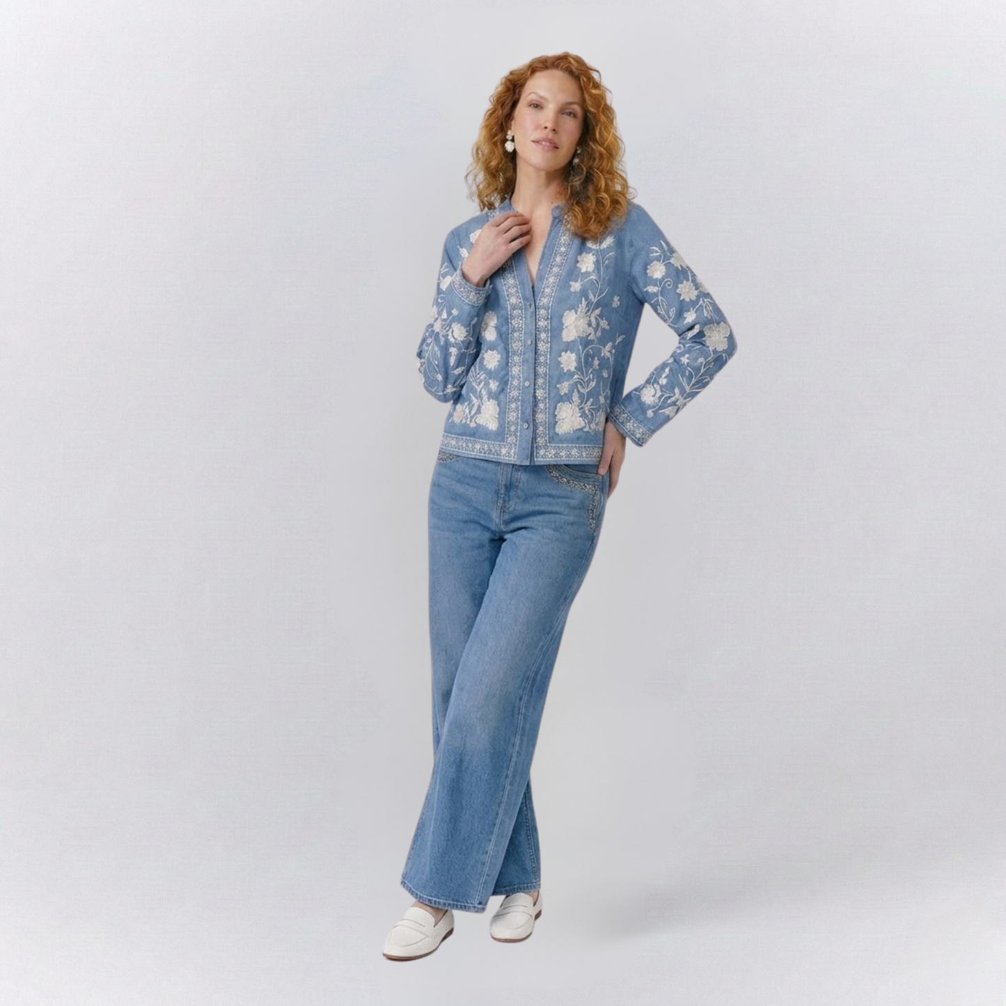 Isabella Embroidered Relaxed Fit Jacket | Casual Floral Button Front Jacket