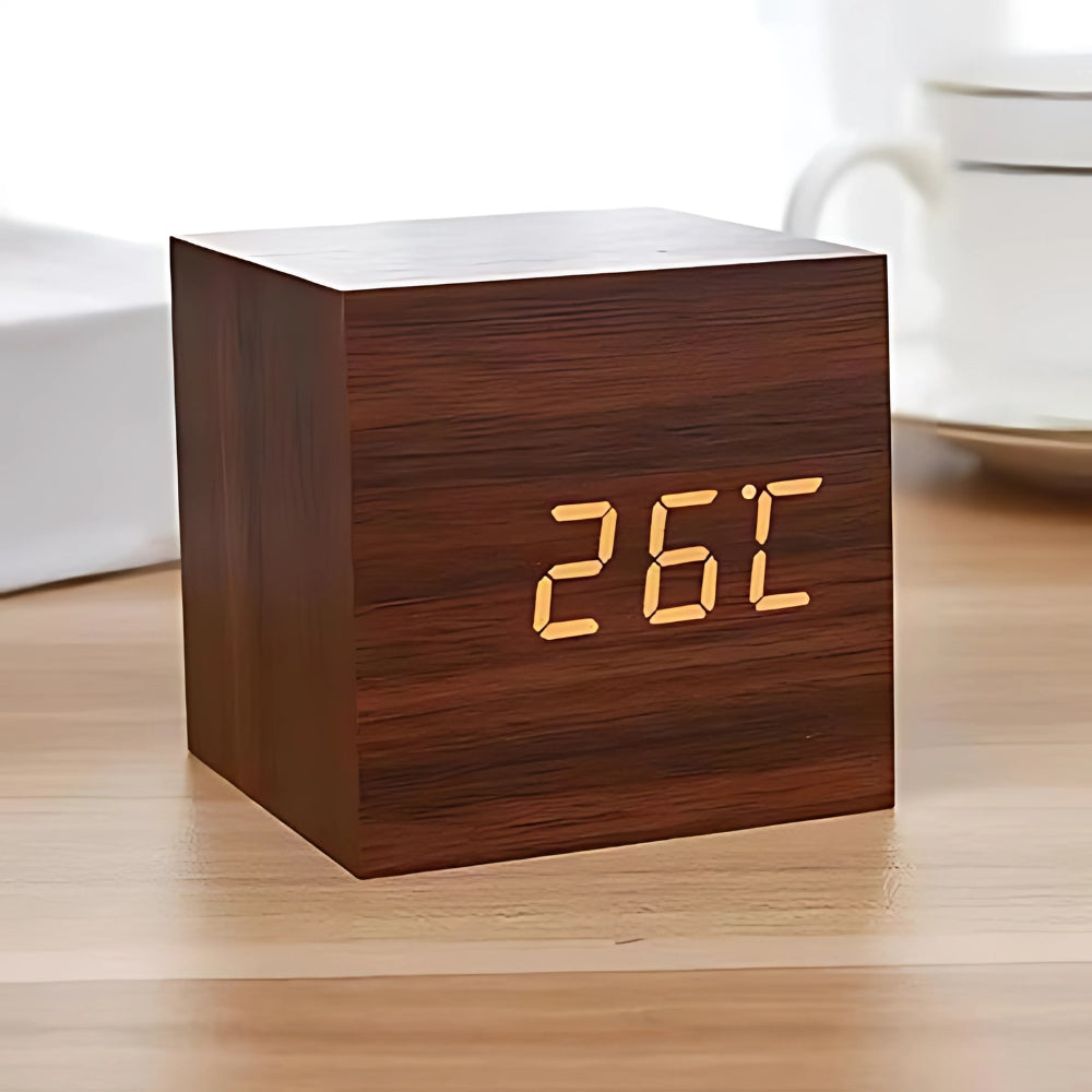 Wood Grain LED Alarm Clock With Temperature Display