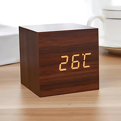 Wood Grain LED Alarm Clock With Temperature Display