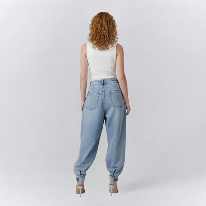 Isla High-Waist Balloon Relaxed Jeans | Pleated Solid Cuffed Jeans