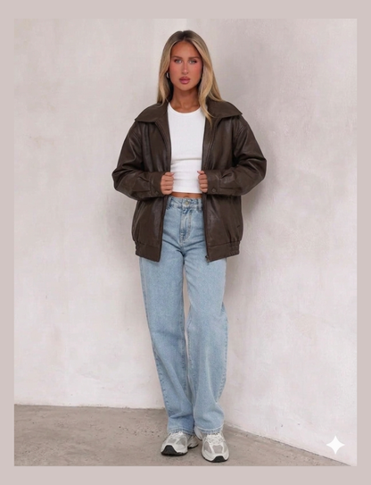 Ruby Oversized Bomber Jacket | Leather Zip Pocket