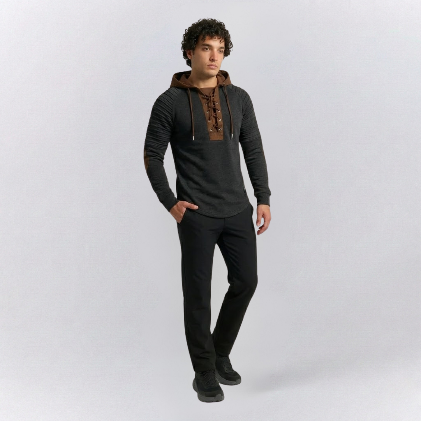 Arthur Slim Fit Hoodie | Hooded Lace-Up Neck Ribbed Hip-Length Hoodie