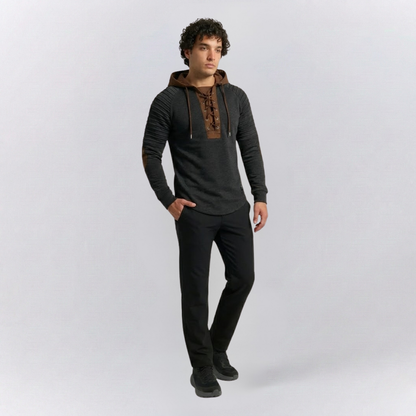 Arthur Slim Fit Hoodie | Hooded Lace-Up Neck Ribbed Hip-Length Hoodie