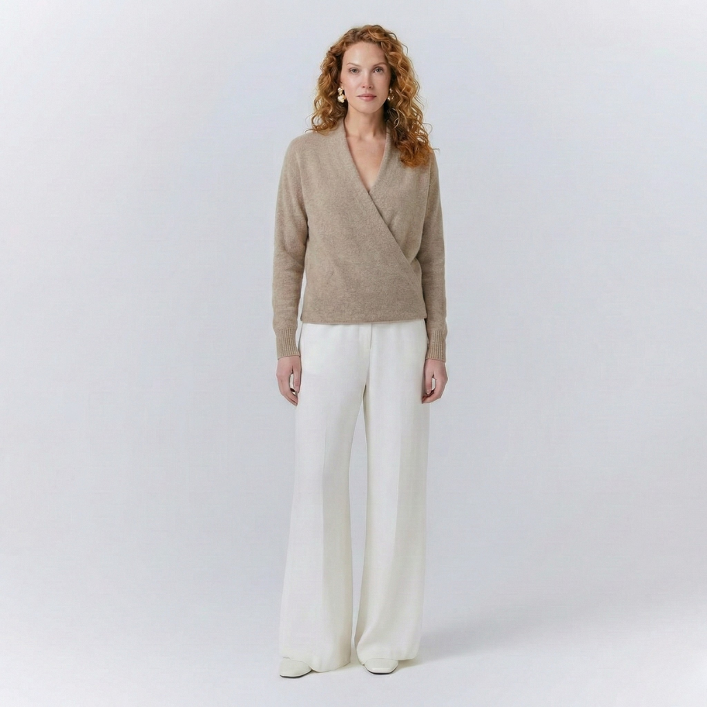 Isla Relaxed Wrap Sweater | Ribbed V-Neck Hip-Length Sweater