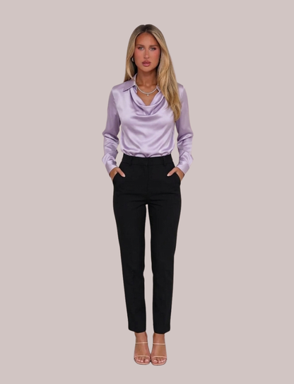 Rose Draped Neck Satin Blouse | Long Sleeve Elegant