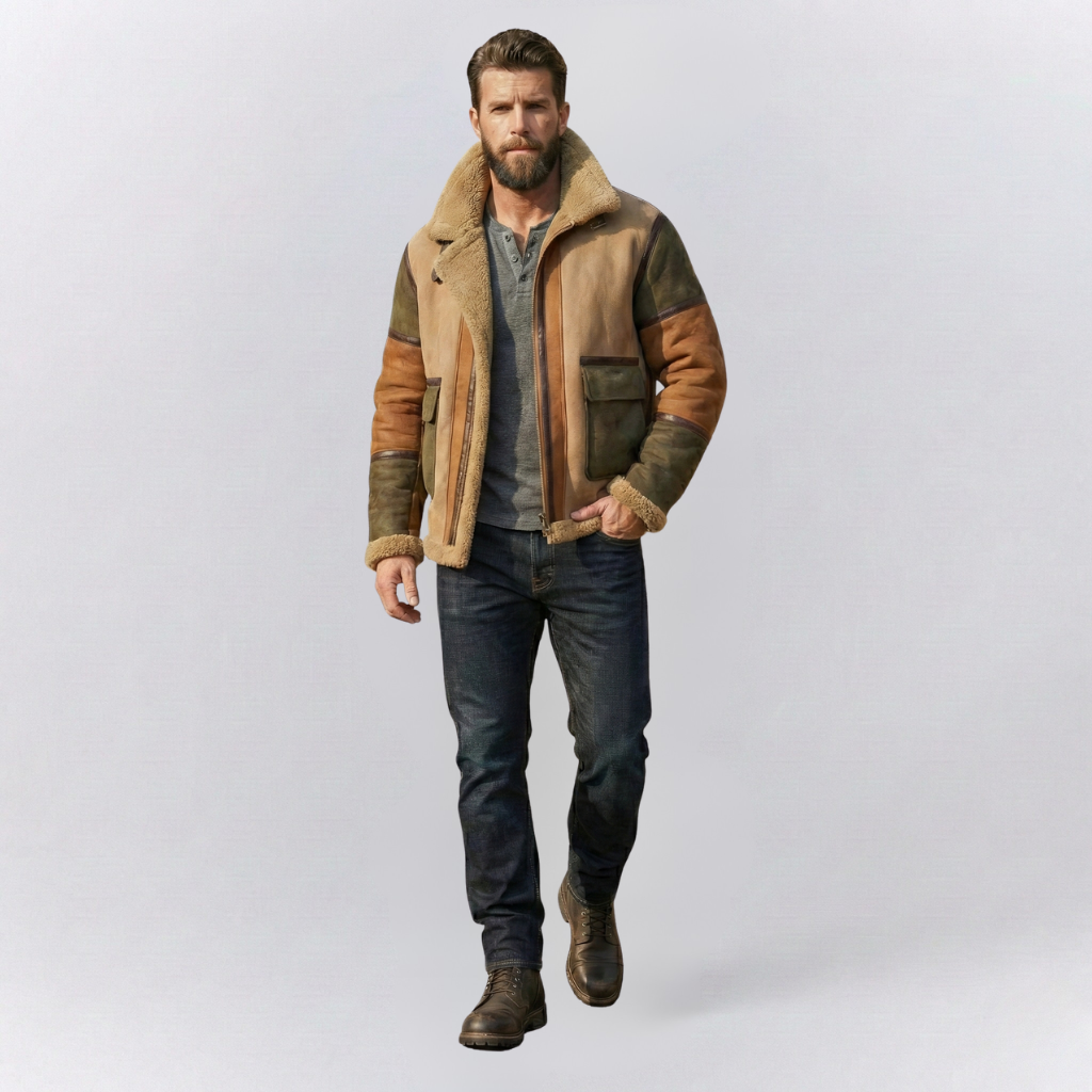 Oliver Relaxed Fit Shearling Jacket | Color Block Zip Front Jacket
