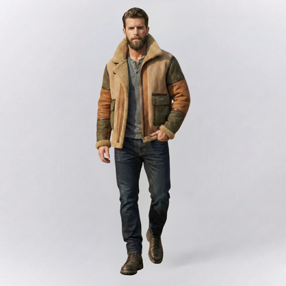 Oliver Relaxed Fit Shearling Jacket | Color Block Zip Front Jacket