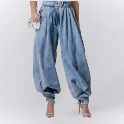 Isla High-Waist Balloon Relaxed Jeans | Pleated Solid Cuffed Jeans