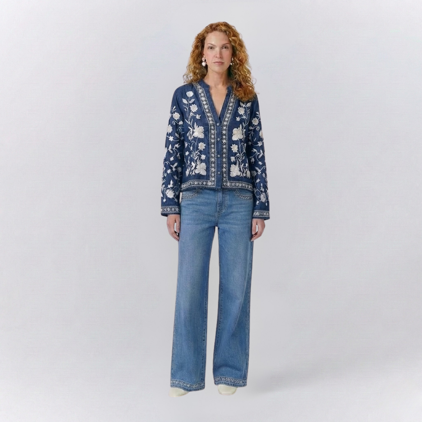 Isabella Embroidered Relaxed Fit Jacket | Casual Floral Button Front Jacket