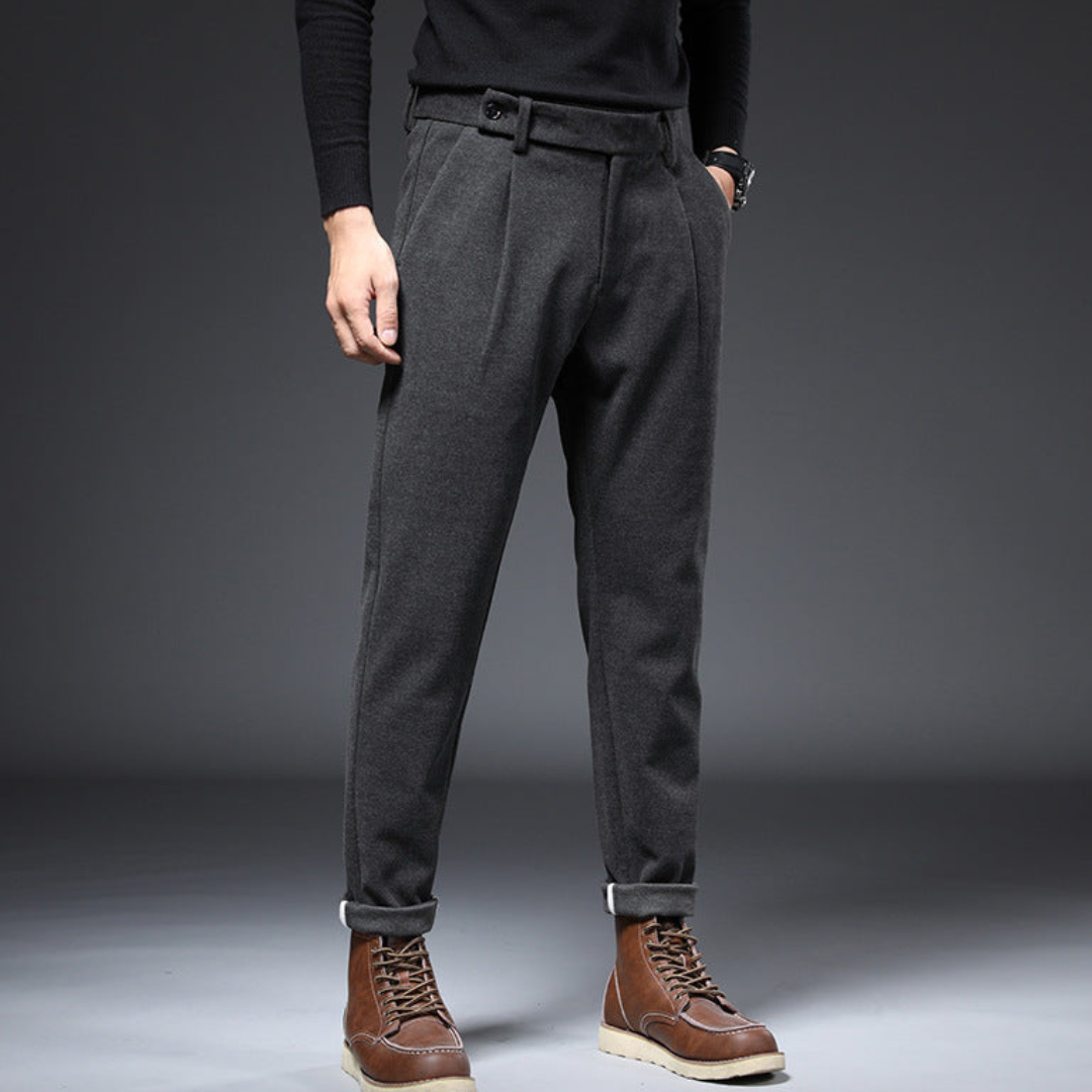 Oliver Tapered Fit Pleated Trousers | Cuffed Tab Waist Trousers