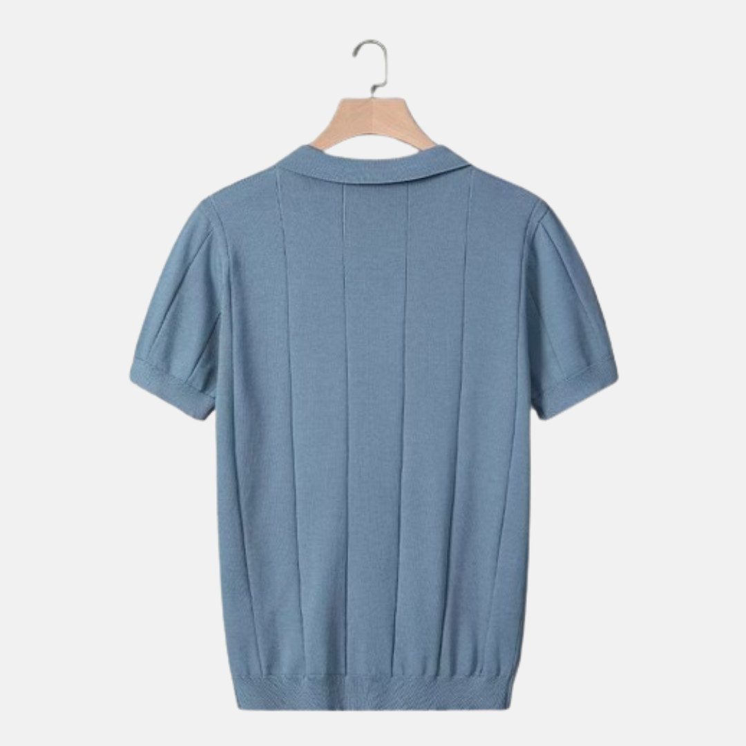 William Ribbed V-Neck Knit Polo | Collared Short Sleeve Polo
