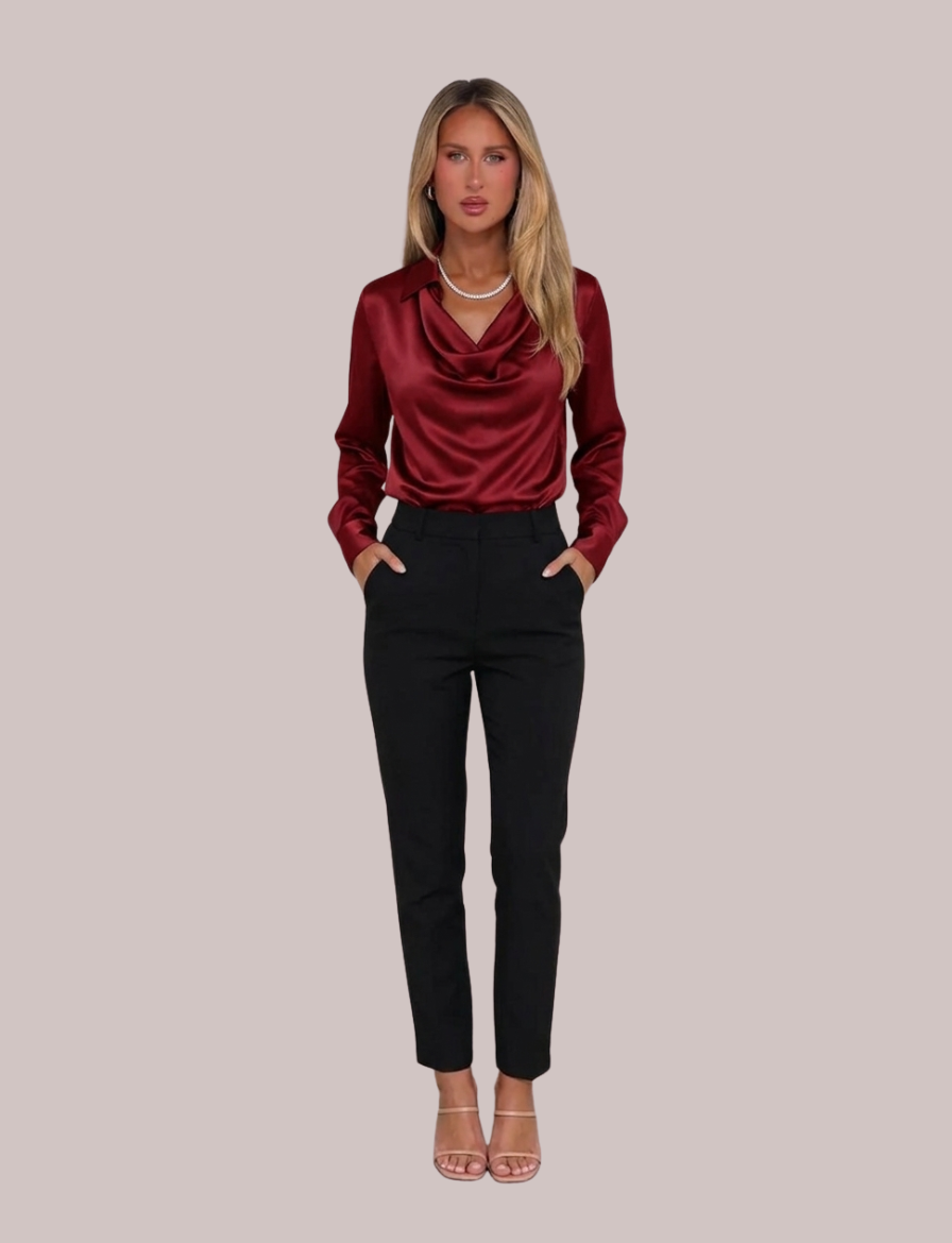 Rose Draped Neck Satin Blouse | Long Sleeve Elegant