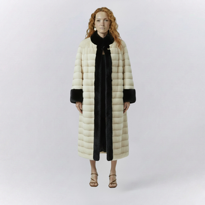 Isla Relaxed Fit Coat | Collarless Paneled Contrasting Trim Formal Coat
