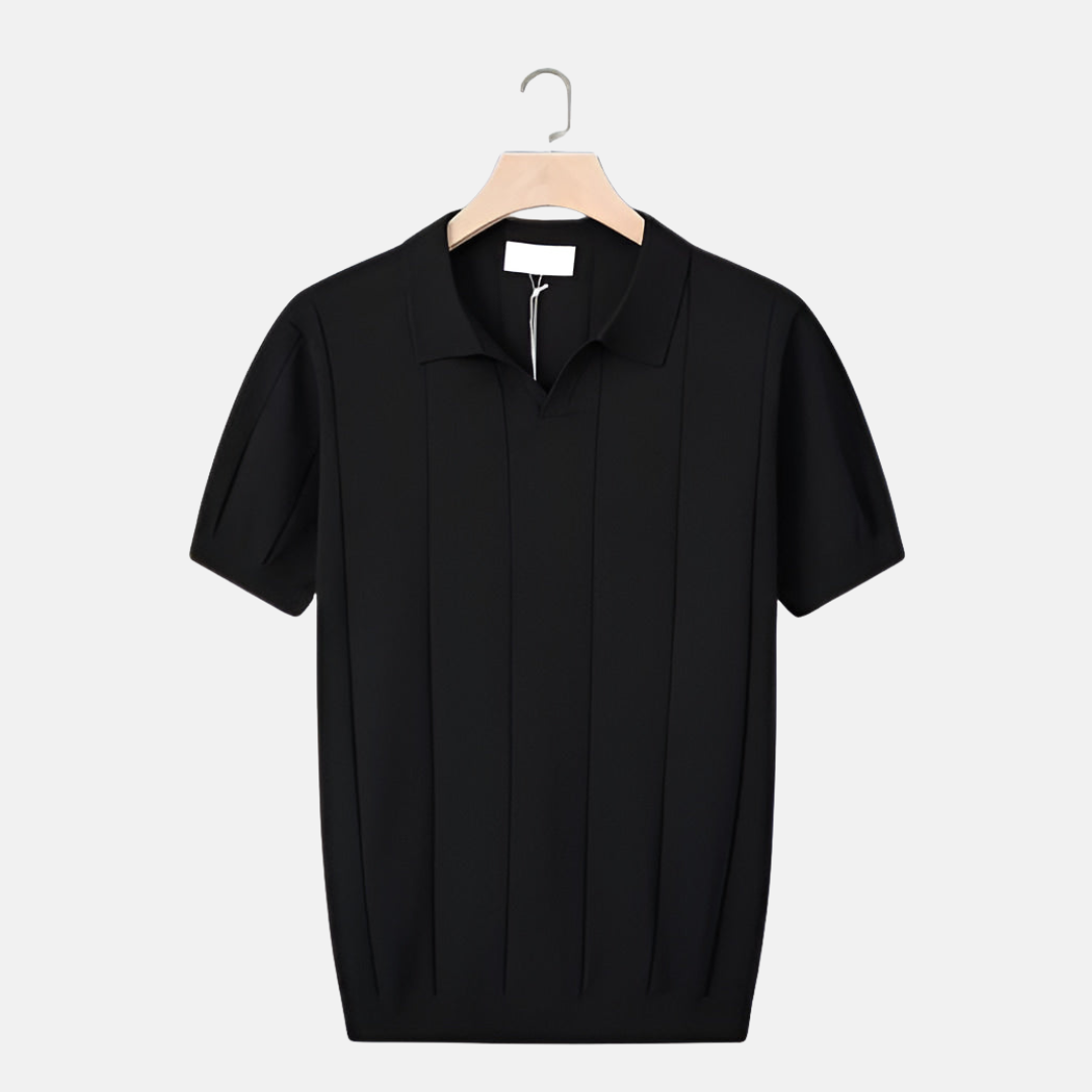 William Ribbed V-Neck Knit Polo | Collared Short Sleeve Polo